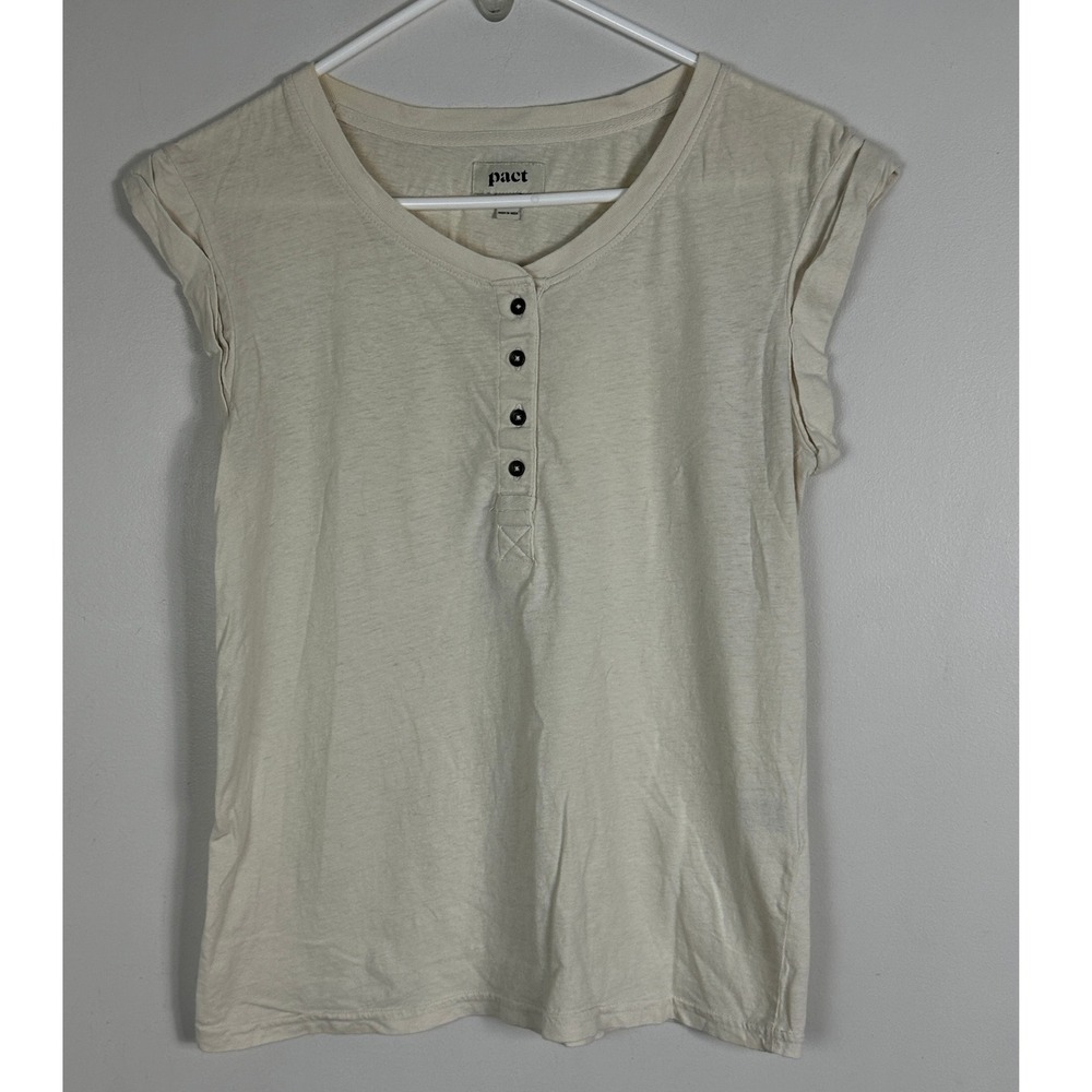 Pact Organic White Cuffed Sleeve Top Womens Size Small Linen Cotton Blend Henley